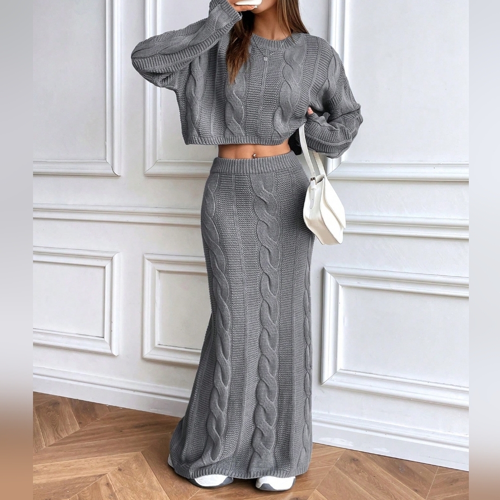 Chunky Cable Knit Crewneck Loose Crop Top Sweater + Long Skirt Co-Ord Set